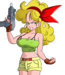 1girl angry bare_shoulders belt blonde_hair blush breasts cleavage clenched_teeth cowboy_shot dragon_ball fingerless_gloves gloves green_eyes gun hair_ribbon highres holding holding_gun large_breasts legs long_hair looking_at_viewer lunch_(dragon_ball) midriff navel ribbon short_shorts shorts simple_background solo standing suspenders tank_top teeth thighs transparent_background wavy_hair weapon yamamoto_doujin 