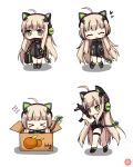  &gt;_&lt; :3 ahoge animal_ears bangs black_jacket black_leotard blonde_hair blush bow box cat_ear_headphones cat_ears cat_tail character_name chibi commentary_request eyebrows_visible_through_hair flying_sweatdrops food fruit geukhan_taeyang girls_frontline green_bow green_eyes gun hair_between_eyes headphones heart holding holding_gun holding_weapon in_box in_container jacket knees_together_feet_apart leotard long_hair looking_at_viewer looking_back multiple_views open_mouth orange sidelocks simple_background steyr_tmp submachine_gun tail tail_bow thigh_strap tmp_(girls_frontline) triangle_mouth very_long_hair weapon weapon_bag white_background 