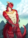  abs anthro athletic blue_eyes claws cloud convenient_censorship dragon foofie holding_wrist invalid_tag jewelry landscape low-angle_view male membranous_crest navel nude pink_scales red_skin scales simple_background smile solo standing 