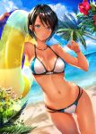  absurdres arm_up armpits bangs bare_legs bare_shoulders beach bikini black_hair blue_eyes blue_sky breasts cleavage cloud collarbone contrapposto cowboy_shot day ear_piercing fingernails flower food groin halter_top halterneck hand_up hibiscus highres hitaki_yuu holding holding_food innertube jewelry legs long_fingernails looking_at_viewer medium_breasts multi-strapped_bikini navel necklace ocean one-piece_tan original outdoors palm_tree parted_lips piercing popsicle red_flower sand short_hair skindentation sky solo sports_bikini standing stomach swept_bangs swimsuit tan tanline teeth tree tree_shade water wet wristband 