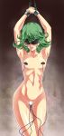  1girl armpits arms_up bdsm blindfold bondage breasts censor_bar censored chained curly_hair erect_nipples green_eyes green_hair groin highres kamo_(nobuhide19790717) navel nipple_vibrator nipples nude one-punch_man open_mouth pointless_censoring pussy pussy_juice restrained saliva short_hair small_breasts solo sweat tape tape_on_nipples tatsumaki vibrator 