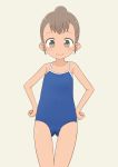 1girl bare_arms bare_legs bare_shoulders blush brown_hair child closed_mouth collarbone female flat_chest full_body gluteal_fold looking_at_viewer looking_down one-piece_swimsuit original simple_background smile solo swimsuit tan thigh_gap tomboo 