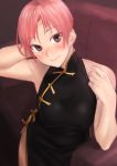  bare_shoulders blush breasts brown_eyes china_dress chinese_clothes commentary_request dress highres kilye_4421 large_breasts looking_at_viewer original pink_hair short_hair side_slit sleeveless smile solo 