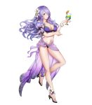  bare_shoulders bikini breasts camilla_(fire_emblem_if) cleavage closed_mouth collarbone cup drinking_glass fingernails fire_emblem fire_emblem_heroes fire_emblem_if floral_print flower food fruit full_body hair_flower hair_ornament hair_over_one_eye hibiscus high_heels highres holding jewelry large_breasts lips long_hair long_legs mikurou_(nayuta) navel official_art open_toe_shoes orange orange_slice purple_eyes purple_hair sarong shiny shiny_hair sidelocks solo swimsuit toes transparent_background 