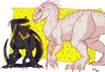  2018 ambiguous_gender bidagurii black_scales claws dinosaur duo feral gold_scales indominus_rex indoraptor jurassic_park jurassic_world open_mouth red_eyes scales scalie sharp_teeth teeth theropod toe_claws white_scales 