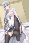  1girl bed black_legwear blush feet leg_up light_blue_hair long_hair looking_at_viewer no_shoes pantyshot parted_lips pov pov_feet purple_eyes sinoalice sitting snow_white_(sinoalice) soles 