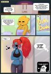  absurd_res alphys anthro breasts clothed clothing comic dialogue duo english_text eye_patch eyewear female freckles fully_clothed hair hi_res marine midriff mostly_nude navel non-mammal_breasts pants red_hair reptile romantic_couple scales scalie shirt somescrub speech_bubble steam text thought_bubble towel undertale undyne video_games wide_hips yellow_scales 