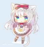  &gt;_&lt; american_flag american_flag_print animal animal_ears apron azur_lane bangs bird black_dress black_legwear blue_background blue_eyes blush bow bowtie cat_ears cat_girl cat_tail chibi chick closed_mouth commentary_request dress eyebrows_visible_through_hair flag_print full_body green_eyes hair_between_eyes hair_bow hammann_(azur_lane) holding holding_animal kemonomimi_mode kouu_hiyoyo long_hair looking_at_viewer multicolored multicolored_eyes no_shoes one_side_up print_neckwear puffy_short_sleeves puffy_sleeves red_bow short_sleeves silver_hair smile solo standing striped striped_bow tail thighhighs twitter_username very_long_hair waist_apron white_apron wrist_cuffs 