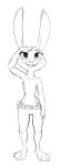  2018 anthro barely_visible_genitalia belt black_and_white breasts buckteeth claws dipstick_ears disney featureless_breasts female judy_hopps lagomorph looking_at_viewer mammal monochrome mostly_nude rabbit salute simple_background sketch small_breasts smile solo standing subtle_pussy teeth toe_claws utility_belt w4g4 white_background zootopia 