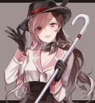  breasts brown_eyes brown_hair cane cleavage ecru fedora gloves grey_background hand_on_headwear hat hat_tip heterochromia holding holding_cane jacket long_hair multicolored_hair neo_(rwby) pink_eyes pink_hair rwby scarf solo 