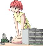  building choudokyuu_shoujo_4946 eimiya_mana giantess green_eyes heart on_kneels red_hair school smile terada_ochiko twintails 
