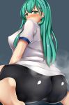  alternate_costume aqua_eyes aqua_hair ass black_pants bloomers blush breasts butt_crack cameltoe eyebrows_visible_through_hair from_behind grey_background gym_uniform hair_ornament hairclip highres kantai_collection large_breasts long_hair looking_at_viewer looking_back nose_blush pants shirt simple_background solo steaming_body straight_hair suzuya_(kantai_collection) terakoya underwear white_shirt wide_hips 
