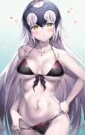  ahoge ale_nqki bangs bare_shoulders bikini bikini_tug black_bikini blush bracelet breasts cleavage collarbone commentary_request cowboy_shot eyebrows_visible_through_hair fate/grand_order fate_(series) flying_heart front-tie_top groin hair_between_eyes hand_in_bikini hand_on_hip head_tilt headpiece highres jeanne_d'arc_(alter)_(fate) jeanne_d'arc_(fate)_(all) jewelry large_breasts long_hair looking_at_viewer medium_breasts multi-strapped_bikini navel necklace o-ring o-ring_top open_mouth pale_skin sidelocks silver_hair solo stomach swimsuit very_long_hair wet yellow_eyes 