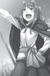  :d animal_ears arm_up ayakura_juu cape fang greyscale hand_on_hip highres holding holding_staff holo long_hair looking_up monochrome non-web_source novel_illustration official_art open_mouth outdoors skirt sky smile solo spice_and_wolf staff tail wolf_ears wolf_tail 