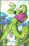  2005 alligator anthro bald balls bottomless butt clothed clothing crocodile crocodilian detailed_background eyeshadow greenmonkey half-closed_eyes looking_at_viewer makeup male outside partially_clothed penis pink_top pose reptile scalie sky smile solo standing water 