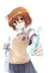  :o amai_nekuta bag bangs black_skirt blue_eyes bottle breasts brown_hair collared_shirt commentary_request emblem eyebrows_visible_through_hair foreshortening glasses grocery_bag head_tilt holding holding_bottle looking_at_viewer lyrical_nanoha mahou_shoujo_lyrical_nanoha_innocent medium_breasts miniskirt open_mouth pleated_skirt private_ten'ou_middle_school_uniform ramune red-framed_eyewear school_uniform semi-rimless_eyewear shirt shopping_bag short_hair short_sleeves simple_background skirt solo standing stern_starks sweatdrop sweater sweater_vest under-rim_eyewear upper_body v-neck white_background yellow_sweater 