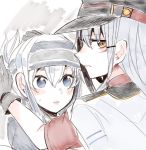  ainu_clothes blue_eyes blush closed_mouth facial_scar folded_ponytail gangut_(kantai_collection) grey_hair hair_ornament hairclip hat headband itomugi-kun jacket jacket_on_shoulders kamoi_(kantai_collection) kantai_collection long_hair looking_at_viewer looking_back military military_hat military_jacket military_uniform multiple_girls naval_uniform open_mouth red_eyes red_shirt scar scar_on_cheek shirt silver_hair simple_background uniform white_background white_jacket yuri 