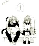  &gt;:) 1boy 1girl anzu_(o6v6o) bag bangs brother_and_sister couch covering_face duffel_bag genderswap genderswap_(ftm) genderswap_(mtf) greyscale hair_ornament hairpin kagamine_lenka kagamine_rinto kneehighs long_sleeves looking_at_another monochrome neckerchief pants ponytail scarf school_bag school_uniform serafuku shoes siblings simple_background sitting skirt translation_request twins vocaloid white_background 