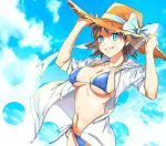  bikini blue_bikini blue_eyes brown_hair commentary_request day hands_on_headwear hat hiei_(kantai_collection) hood hoodie kantai_collection looking_at_viewer navel saki_(little_crown) short_hair sky sleeves_rolled_up smile solo straw_hat swimsuit 