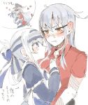  ainu_clothes bandaid bandaid_on_nose blue_eyes blush closed_mouth facial_scar folded_ponytail gangut_(kantai_collection) grey_hair hair_ornament hairclip hat headband heart hug imagining itomugi-kun kamoi_(kantai_collection) kantai_collection long_hair looking_at_another military military_hat military_uniform multiple_girls red_eyes red_shirt scar scar_on_cheek shirt silver_hair simple_background translation_request uniform white_background yuri 