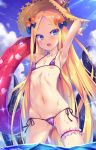  :d abigail_williams_(fate/grand_order) absurdres animal_print armpits arms_up bangs bare_arms bare_shoulders bear_print bikini black_bow blonde_hair blue_eyes blue_sky blurry blurry_background blush bow breasts cloud collarbone covered_nipples day depth_of_field fang fate/grand_order fate_(series) forehead frills groin hair_bow hat highres innertube leg_garter long_hair micro_bikini navel octopus_print open_mouth orange_bow outdoors parted_bangs print_bow print_innertube purple_bikini red_innertube side-tie_bikini sky small_breasts smile solo star star_print straw_hat suction_cups swimsuit tentacles toraishi_666 very_long_hair wading water wet 