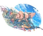  :o antenna_hair bangs bare_shoulders barefoot bikini blue_sky blush breasts choker cleavage cloud crystal day de_la_fille earrings granblue_fantasy green_eyes green_hair hair_ornament jewelry large_breasts long_hair looking_at_viewer lying minaba_hideo multicolored_hair navel ocean official_art outdoors parted_lips ring sky solo swimsuit transparent_background twintails water wet 