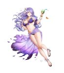 bare_shoulders bikini breasts camilla_(fire_emblem_if) cleavage clenched_teeth collarbone cup drinking_glass fire_emblem fire_emblem_heroes fire_emblem_if floral_print flower food fruit full_body hair_flower hair_ornament hair_over_one_eye hibiscus high_heels highres holding jewelry large_breasts long_hair mikurou_(nayuta) navel official_art open_toe_shoes orange orange_slice petals purple_eyes purple_hair sandals sarong shiny shiny_hair solo swimsuit teeth toes torn_clothes transparent_background 