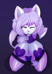  absurd_res big_breasts blue_eyes breasts bulge canine clothed clothing clothing_lift dickgirl fox front_view fur hair hi_res high-angle_view intersex looking_at_viewer looking_up mammal multicolored_fur navel nipple_bulge one_eye_closed panties pants_pull pasties purple_fur purple_hair purple_nose purple_tail purple_tongue rubber_(gabesqueaky) shirt shirt_lift sitting slightly_chubby solo somescrub striped_fur stripes tongue tongue_out underwear white_fur wide_hips wink 