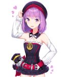  arm_up bangs bare_shoulders belt belt_buckle beret black_collar black_dress black_hat blush buckle colonel_olcott_(fate/grand_order) detached_collar detached_sleeves dress eyebrows_visible_through_hair fate/grand_order fate_(series) hand_on_headwear hand_on_hip hat heart helena_blavatsky_(fate/grand_order) long_sleeves looking_at_viewer open_mouth peaked_cap puffy_long_sleeves puffy_sleeves purple_eyes purple_hair red_belt rocm_(nkkf3785) salute simple_background solo strapless strapless_dress tree_of_life twitter_username upper_teeth white_background white_sleeves 