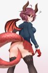  ? ahoge ass black_legwear blush breasts commentary_request dragon_girl dragon_horns dragon_tail dragon_wings frilled_skirt frills granblue_fantasy grea_(shingeki_no_bahamut) hair_between_eyes highres horns jacket large_breasts looking_at_viewer looking_back no_panties pointy_ears purple_hair red_eyes red_skirt shingeki_no_bahamut short_hair simple_background skirt solo tail tail_censor takitsubo thighhighs white_background wings 
