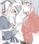 2girls ainu_clothes belt blue_eyes blush closed_mouth facial_scar folded_ponytail gangut_(kantai_collection) grey_hair hair_ornament hairclip headband itomugi-kun kamoi_(kantai_collection) kantai_collection long_hair looking_at_another multiple_girls red_eyes red_shirt scar scar_on_cheek shirt silver_hair simple_background spoken_ellipsis white_background yuri 