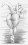  anthro big_breasts big_butt bottle breasts butt canine female fox greyscale huge_breasts hybrid jin_(jindragowolf) jindragowolf looking_back mammal monochrome open_mouth scalie smile solo standing thick_thighs voluptuous 