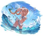  :d armpits arms_up ass_visible_through_thighs bangs bikini bikini_skirt bird blonde_hair blue_eyes blue_sky blush cloud dark_skin day fish fisheye gradient_hair granblue_fantasy green_hair io_euclase lips long_hair looking_at_viewer minaba_hideo multicolored_hair navel ocean official_art open_mouth outdoors palm_tree parted_bangs shirt_lift sky smile solo standing swimsuit transparent_background tree twintails upper_teeth very_long_hair wading water wet 