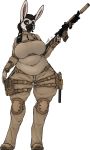  2018 5_fingers anthro belly big_breasts biped breasts brown_fur camo clothed clothing digital_drawing_(artwork) digital_media_(artwork) digitigrade female fur gun hair holding_object holding_weapon humanoid lagomorph long_ears mammal multicolored_fur navel nilla_(artist) open_mouth overweight overweight_female pants rabbit ranged_weapon shirt smile solo standing tan_fur thick_thighs two_tone_fur vanilla_(character) voluptuous weapon wide_hips 