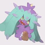  1girl aqua_hair blue_eyes blush cum cum_in_pussy disembodied_penis drooling erection full_body gen_7_pokemon grey_background highres long_hair looking_down mareanie multicolored_eyes no_humans open_mouth penis pokemon pokemon_(creature) pussy saliva sharp_teeth simple_background solo teeth testicles uncensored yellow_eyes yellow_sclera youjomodoki 