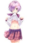  blush breasts cowboy_shot eyebrows_visible_through_hair fate/grand_order fate_(series) fingernails groin hair_over_one_eye hands_up highres legs_together long_sleeves looking_at_viewer mash_kyrielight medium_breasts mouth_hold navel pink_skirt plaid plaid_skirt purple_eyes purple_hair school_uniform serafuku shiny shiny_hair shirt_lift short_hair signature simple_background skirt smile solo standing stomach underboob white_background zdl_xiaobai 