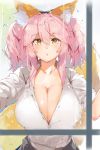  absurdres alternate_costume animal_ear_fluff animal_ears blush breasts cleavage clothes_around_waist collarbone denizen_tomo fate/extella fate/extra fate/grand_order fate_(series) fox_ears fox_tail highres jacket_around_waist large_breasts long_hair looking_at_viewer open_mouth pink_hair school_uniform shirt skirt solo tail tamamo_(fate)_(all) tamamo_jk_(fate) twintails type-moon unbuttoned yellow_eyes 