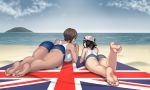  ass bad_id bad_pixiv_id barefoot beach black_hair blanket brown_hair cloud cloudy_sky day feet from_behind island leg_up mature mk001black multiple_girls ocean self_upload shirt short_shorts shorts sky summer tank_top thighs union_jack white_shirt 