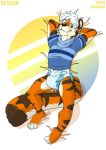  anthro bandanna diaper feet feline lying male mammal smile solo tiger tonio_(artist) watermark 