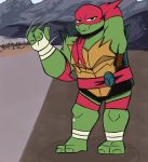  2018 anthro bandanna belt clothed clothing foot_wraps half-closed_eyes hand_behind_head hand_wraps inkyfrog looking_at_viewer male mask motion_lines outside raphael_(tmnt) reptile scalie shell smile smirk solo spikes teenage_mutant_ninja_turtles turtle wraps 