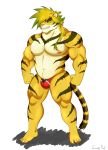  anthro big_muscles bulge clothed clothing feline grumpyfloof hair hi_res long_hair looking_at_viewer magan male mammal muscular muscular_male nipples simple_background solo tiger tokyo_afterschool_summoners topless white_background 