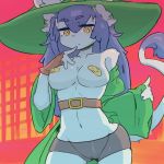  amboynav2 anthro band-aid bandage bike_shorts blue_hair breasts clothing female fingerless_gloves gloves green_hat hair hat kemono looking_at_viewer shorts solo witch_hat yellow_eyes 
