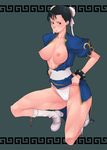  bare_legs black_hair blush boots bracelet breasts bun_cover chun-li double_bun g-room_honten green_eyes jewelry kneeling large_breasts open_clothes open_shirt panties pelvic_curtain shirt solo spiked_bracelet spikes street_fighter underwear white_panties 