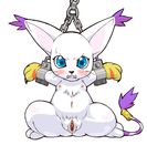  angry blue_eyes blush cat chains digimon fangs furry gatomon navel nipples no_humans pussy simple_background small_breasts solo spread_legs sweatdrop tail tailmon whiskers 