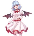  :d arm_ribbon bat_wings blue_hair blush bow bowtie breasts center_frills choker commentary dress eyebrows_visible_through_hair feet_out_of_frame frilled_choker frilled_dress frilled_shirt_collar frills hair_between_eyes head_tilt highres juliet_sleeves junior27016 leg_garter long_sleeves looking_at_viewer medium_breasts no_hat no_headwear open_mouth pointy_ears puffy_sleeves red_bow red_eyes red_neckwear red_ribbon remilia_scarlet ribbon short_hair simple_background sketch smile solo standing thighhighs touhou white_background white_dress white_legwear wings zettai_ryouiki 
