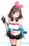  ;d a.i._channel alternate_costume alternate_hairstyle aqua_eyes bangs bare_shoulders belt bike_shorts blue_jacket blush breasts brown_hair choker cleavage collarbone commentary cowboy_shot fingerless_gloves gloves hairband headphones heart highres index_finger_raised jacket kizuna_ai medium_breasts midriff multicolored_hair navel one_eye_closed open_mouth pink_hair pouch short_hair short_shorts shorts simple_background smile solo stomach strapless streaked_hair swept_bangs white_background zaxwu 