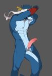  abs anthro antlers armor blue_hair blue_skin bracers covering_face dragon erection facial_hair genital_sheath grey_background hair headband horn humanoid_penis male muscular muscular_male nude pecs penis precum ryu_(blackclown00) simple_background solo standing tail_between_legs tofudumps 