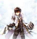  aiming_at_viewer bangs black_hair black_pants black_shirt blade_master_(elsword) claw_(weapon) cloak coat cowboy_shot elsword foreshortening fur-trimmed_coat fur_trim hair_between_eyes highres legs_apart light_particles looking_at_viewer male_focus malmaron mechanical_arm outstretched_hand pants pointing pointing_at_viewer raven_(elsword) scar serious sheath shine shirt short_hair sleeveless sleeveless_shirt solo sparkle standing sword v-shaped_eyebrows weapon white_coat wind yellow_eyes 