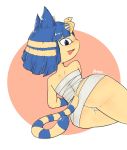  2018 animal_crossing ankha anthro bandage blue_eyes blue_hair butt cat clothing digital_media_(artwork) egyptian exhibitionism fangs feline female fur hair hi_res looking_at_viewer looking_back mammal minoss monochrome nintendo panties presenting presenting_hindquarters rear_view short_hair simple_background solo stripped_tail teasing tongue tongue_out underwear upskirt video_games white_background yellow_fur 
