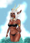  2018 abstract anthro antlers bathing breasts cervine cleavage clothed clothing deity detailed digital_media_(artwork) female forest gorget grotto hair horn mammal midriff navel ohiri partially_submerged piercing shinjii solo stripes tree 